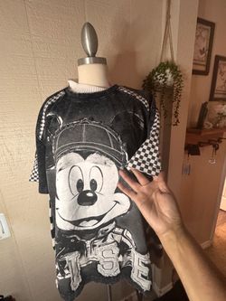 Mickey Mouse Graphic T-Shirt with Checkered Sleeves