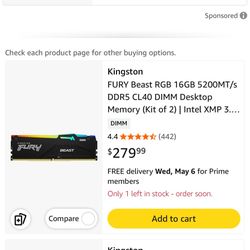 Kingston FURY Beast 16 GB (2 x 8 GB) DDR5-5200 CL40 Memory