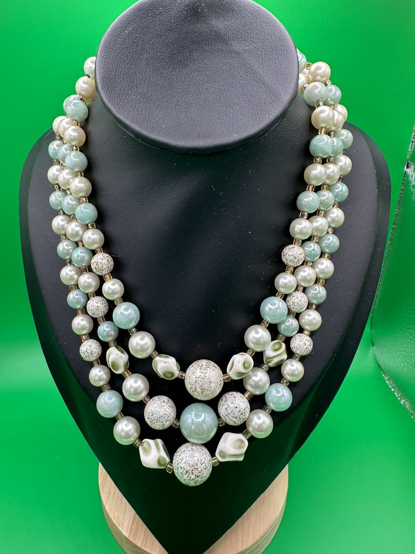 Japan 1960-70’s Green Variety Beaded Necklace Hook Closure Good Condition 