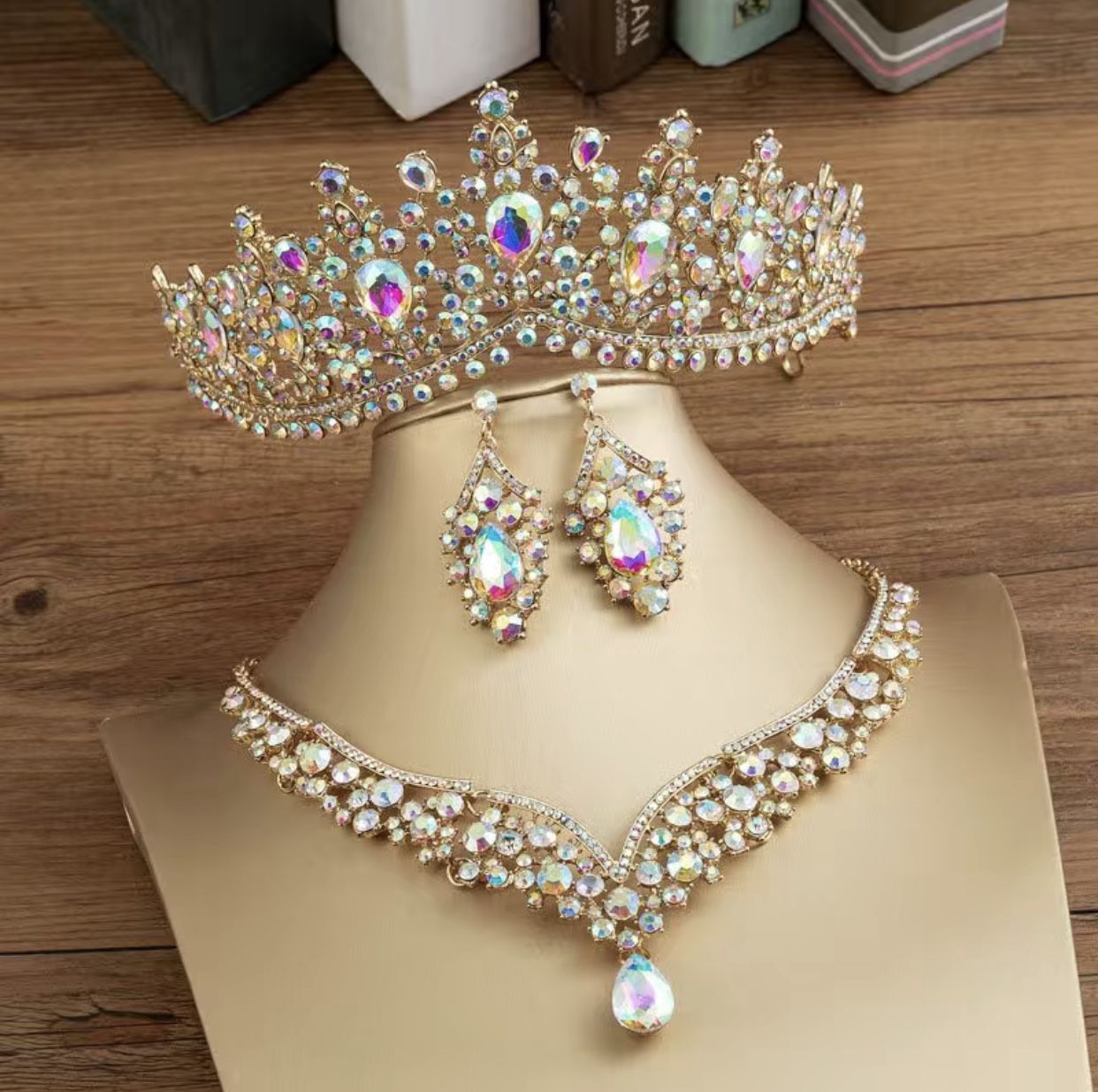 Arabian Crystal Bridal Tiara Set in AB Gold