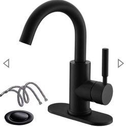 Single Handle Matte Black Bathroom Sink Faucet 4 Inch Centerset Bathroom Faucet With Deck Plate Drain And Water Supply Hoses