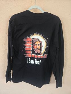 Men's Long Sleeve Black Heavy Cotton Shirt, Jesus "I Saw That" Size Medium