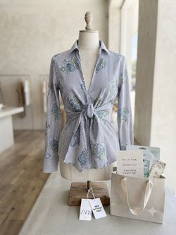 NWOT ZARA blue & white floral embroidered tie front blouse -L & free gift bag