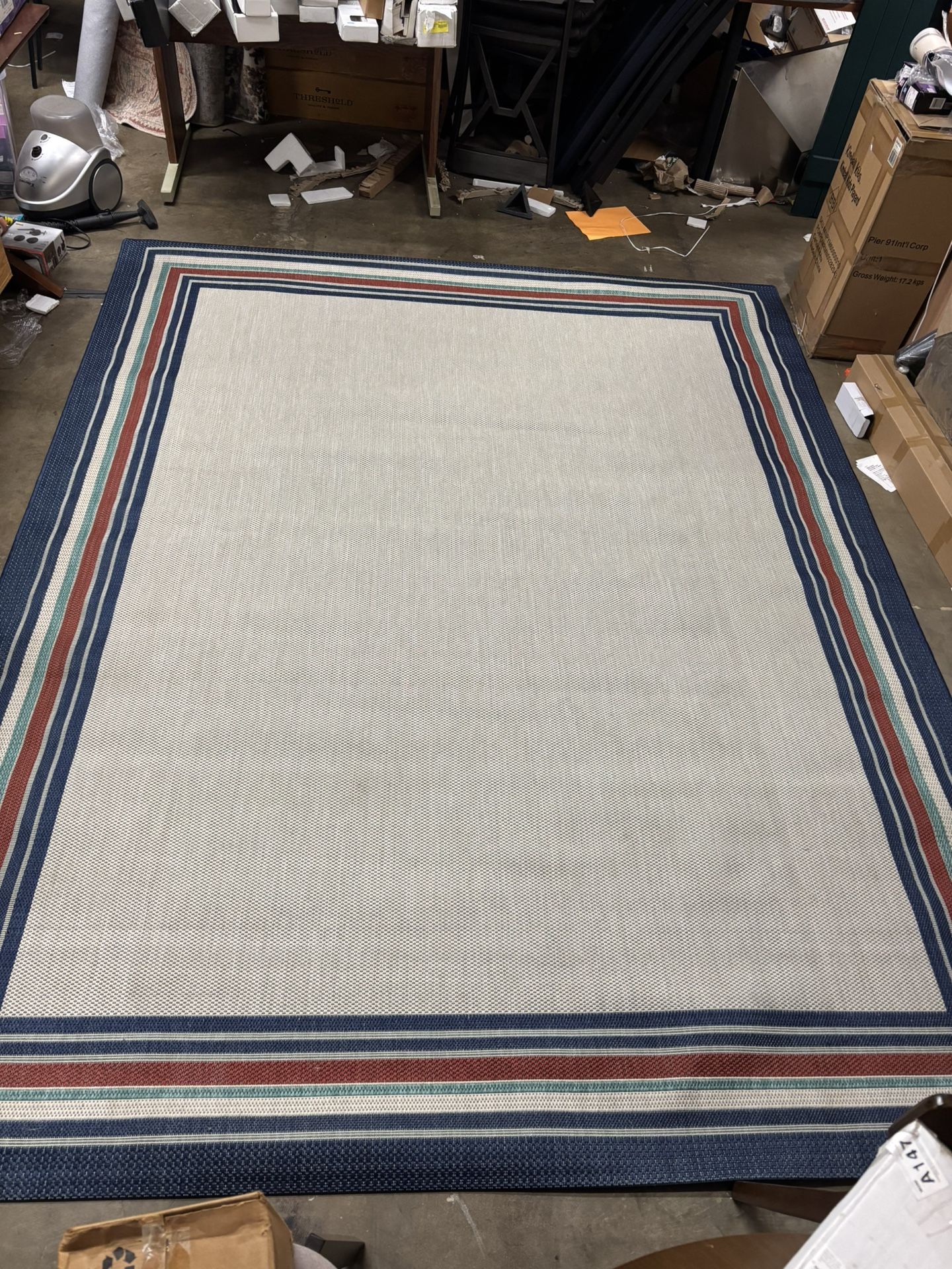 7’10” x 9’10” Multi-Colored Striped Border Indoor/Outdoor Area Rug