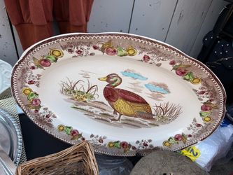 Vintage Ceramic Oval Serving Platter with Duck