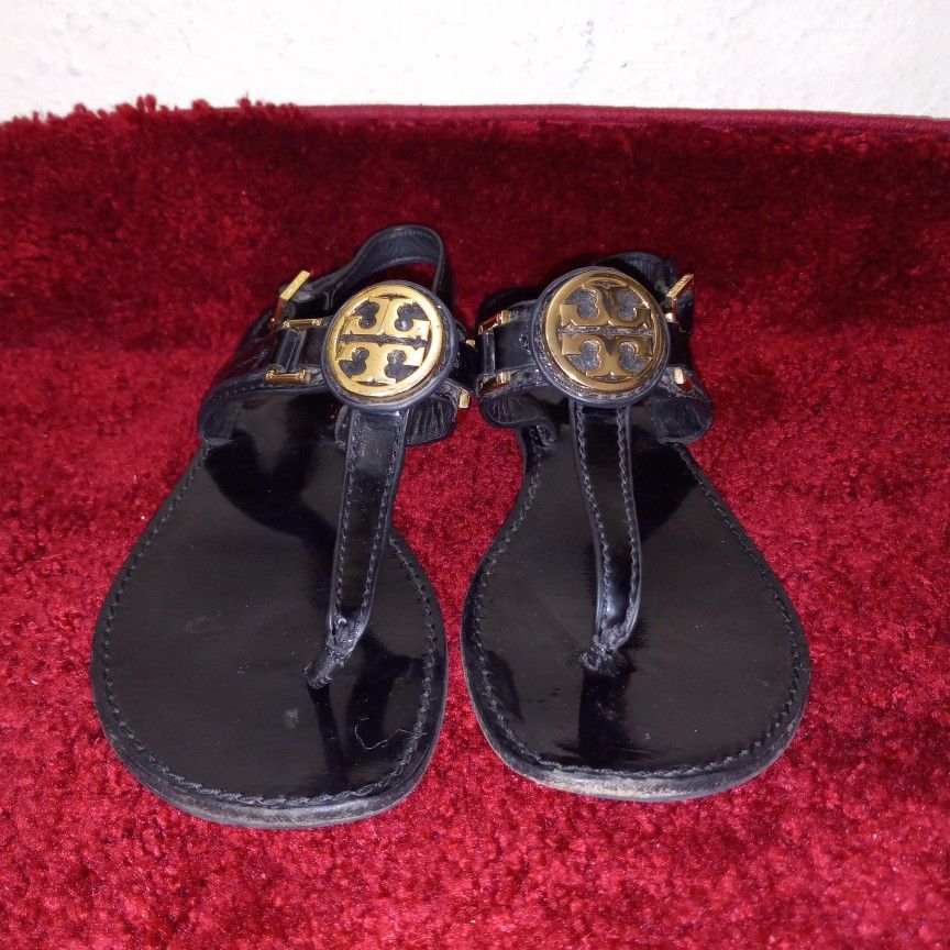 Tory Burch Black Patent Leather T Strap Flat Sandals Size