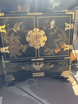 Chinoiserie Hand Painted Black Lacquered Cabinet