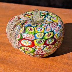 vintage Murano art glass apple paperweight featuring a millefiori design