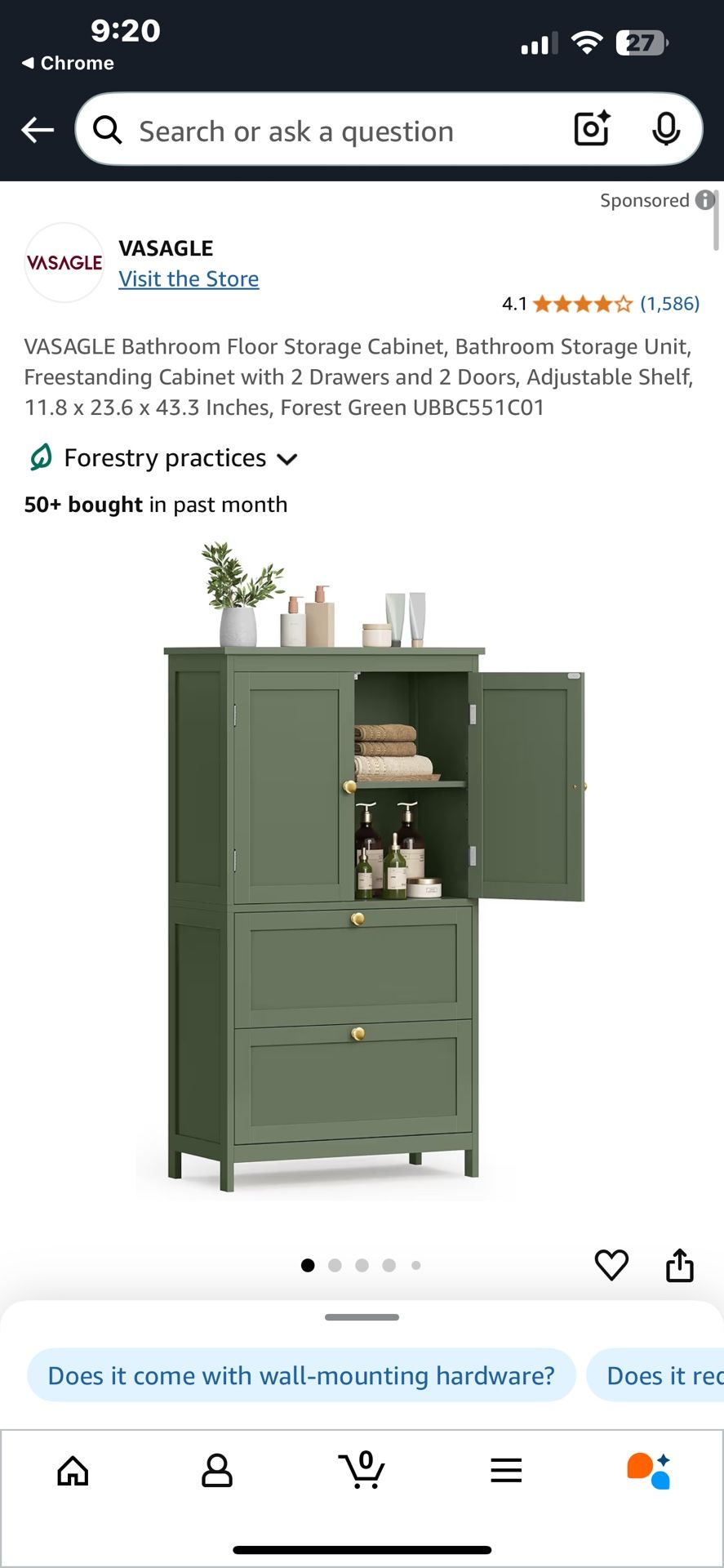 NEW - Bathroom Floor Storage Cabinet - Sage Green