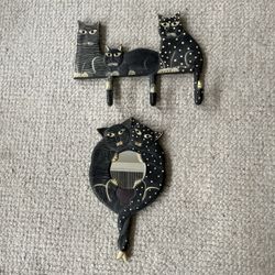 Hand Made Hanging Wooden Cat Mirror And Hat Rack
