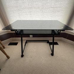 Desk With Glass Top On Wheels, Steel Keyboard Tray, Metal Frame.