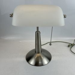 Adjustable Bankers Desk Lamp With WhiteGlass Shade Used and Silver Metal bottom