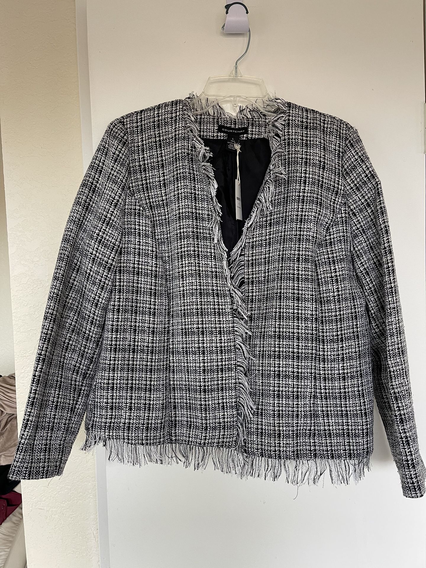 Chic Open Front Fringe Trim Tweed Cardigan Jacket size L  