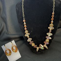 Brown Amber, Crystal necklace with matching earrings absolutely beautiful and clear