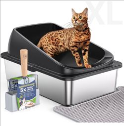 XL Stainless Steel Cat Litter Box – High Sides – Black