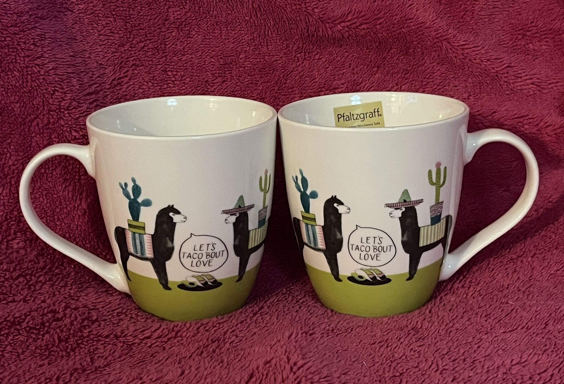 Pfaltzgraff Llama Let’s Taco ‘Bout Love 18oz Coffee Tea Mug Set Of 2 NEW!