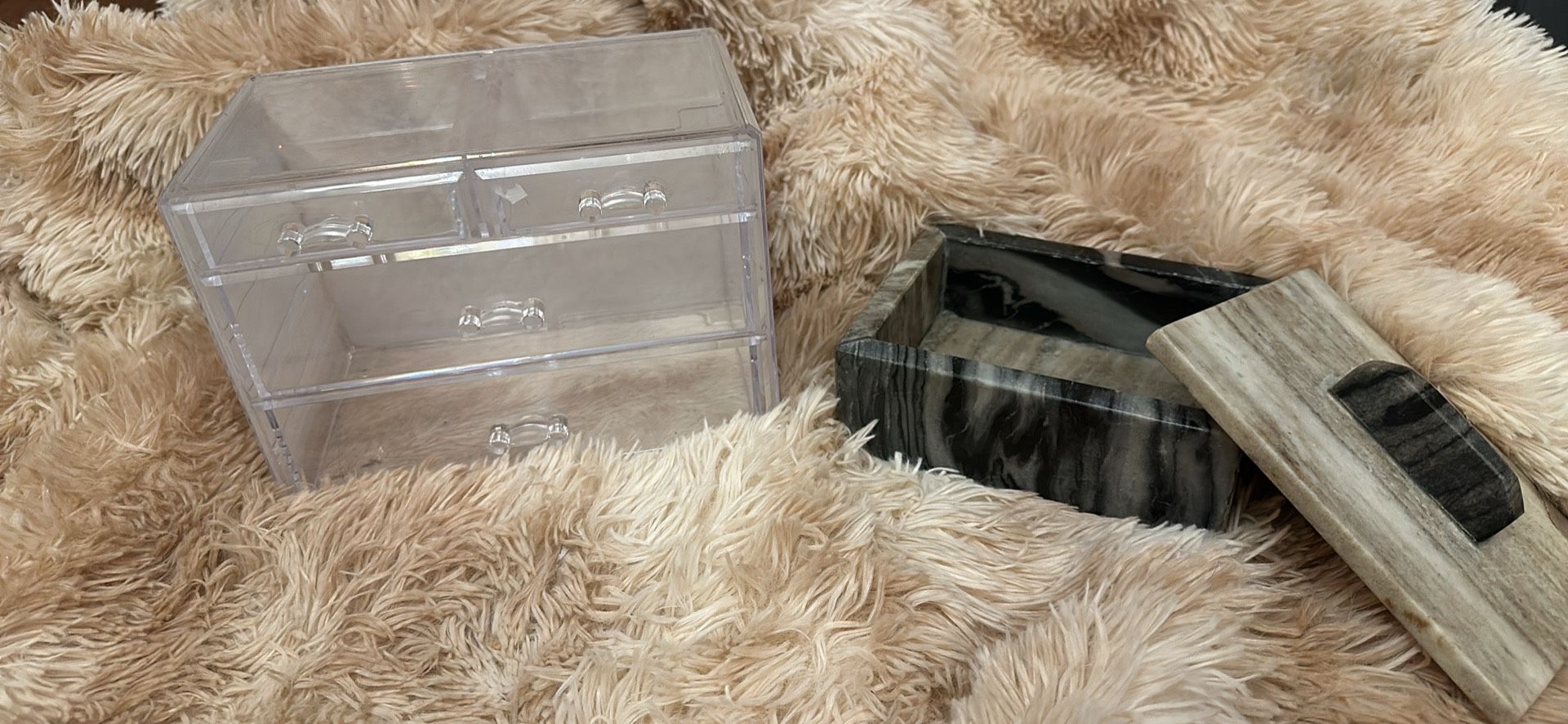 real marble coffee table decor (new) and makeup organized (gently used)