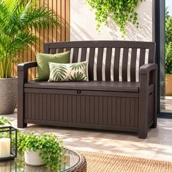 Keter Patio Bench Box - 2-in-1 Outdoor Storage Bench with 60 Gal. / 227 L Capacity, Lockable, Weather & UV Resistant, Seats 2 Adults, Graphite Grey (1