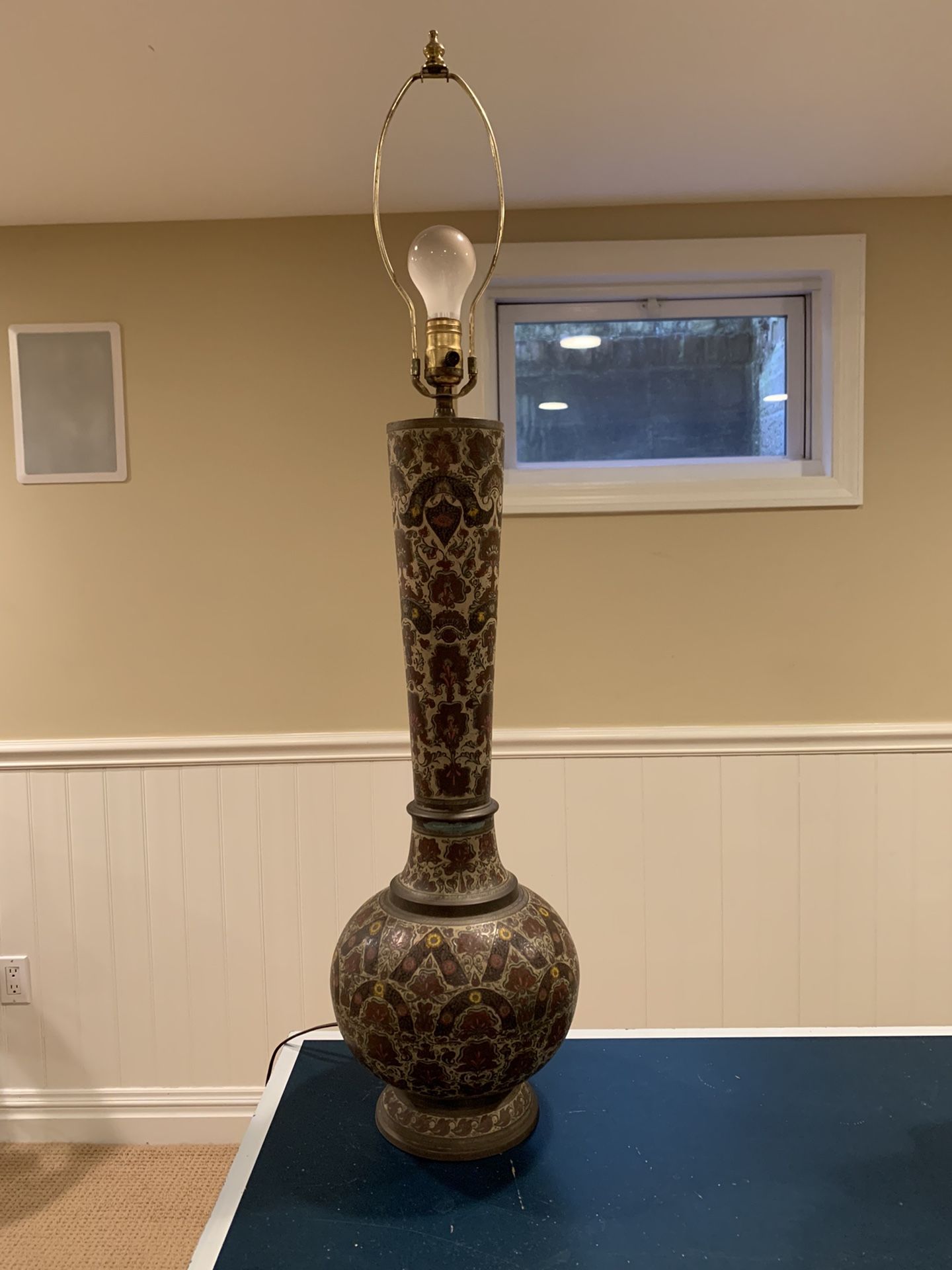 Vintage Hand Painted Brass Lamp Made In India 39” Tall X 9” Wide Missing Shade
