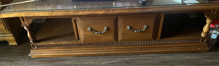 Wood TV Stand with Glass Top and Drawers