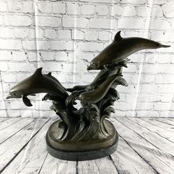 Large 5 Dolphins Riding Waves Bronze Statue Sculpture On Marble Base HEAVY