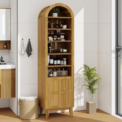 71" Tall Arched Cabinet with Doors, Solid Wood Legs, Adjustable Shelves for Vertical Storage, Narrow Arched Storage Bookcase, Space Saving Organizer f