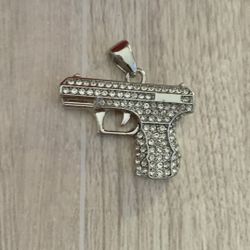 Big Heavy 3" Silvertone Rhinestone Pistol Statement Pendant 