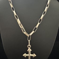 Sterling Silver ~5MM Wide Long Link W/ Arrow Cross Pendant Necklace ~28.5"