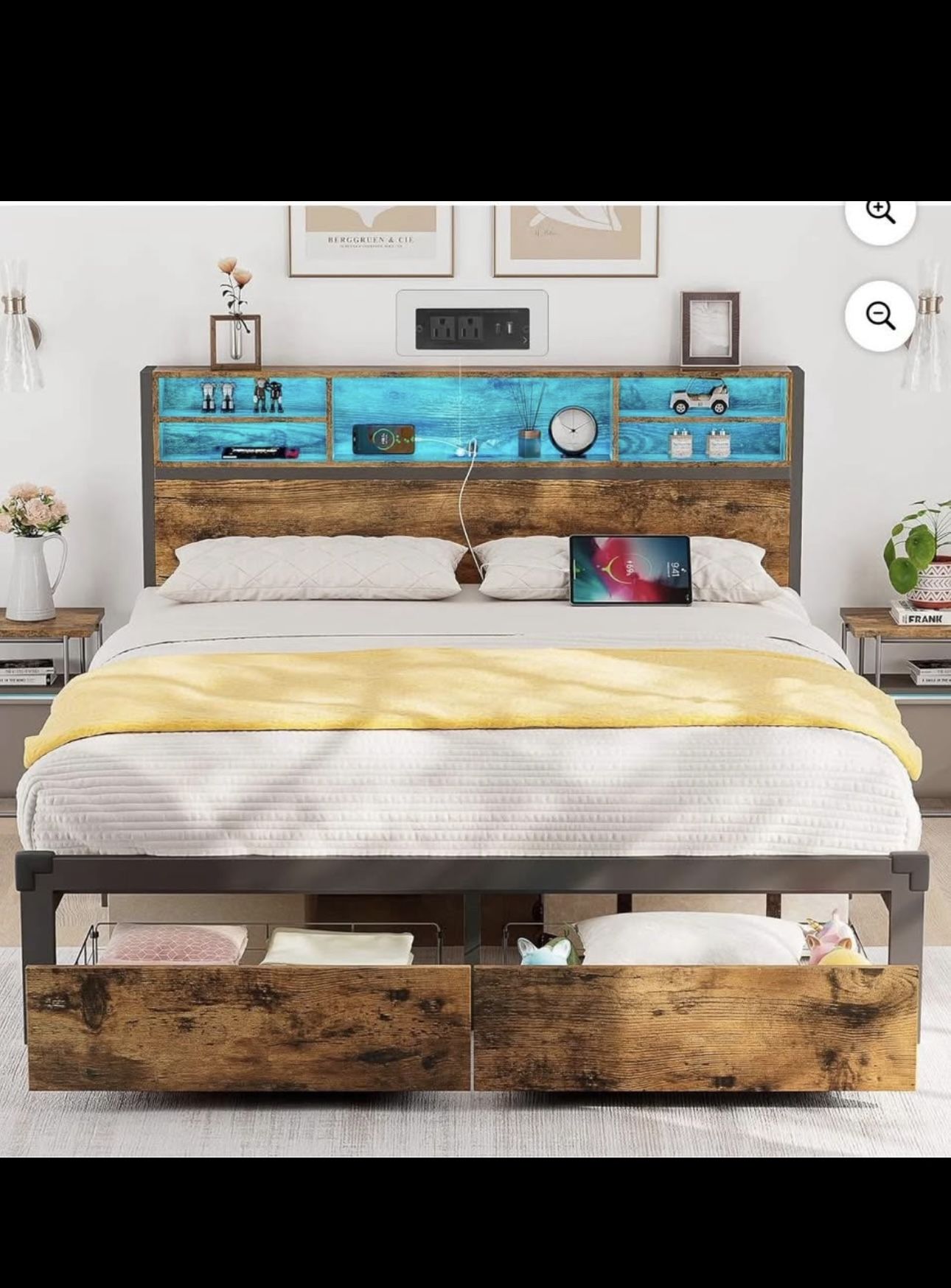 Full size bed frame with new gel mattress
