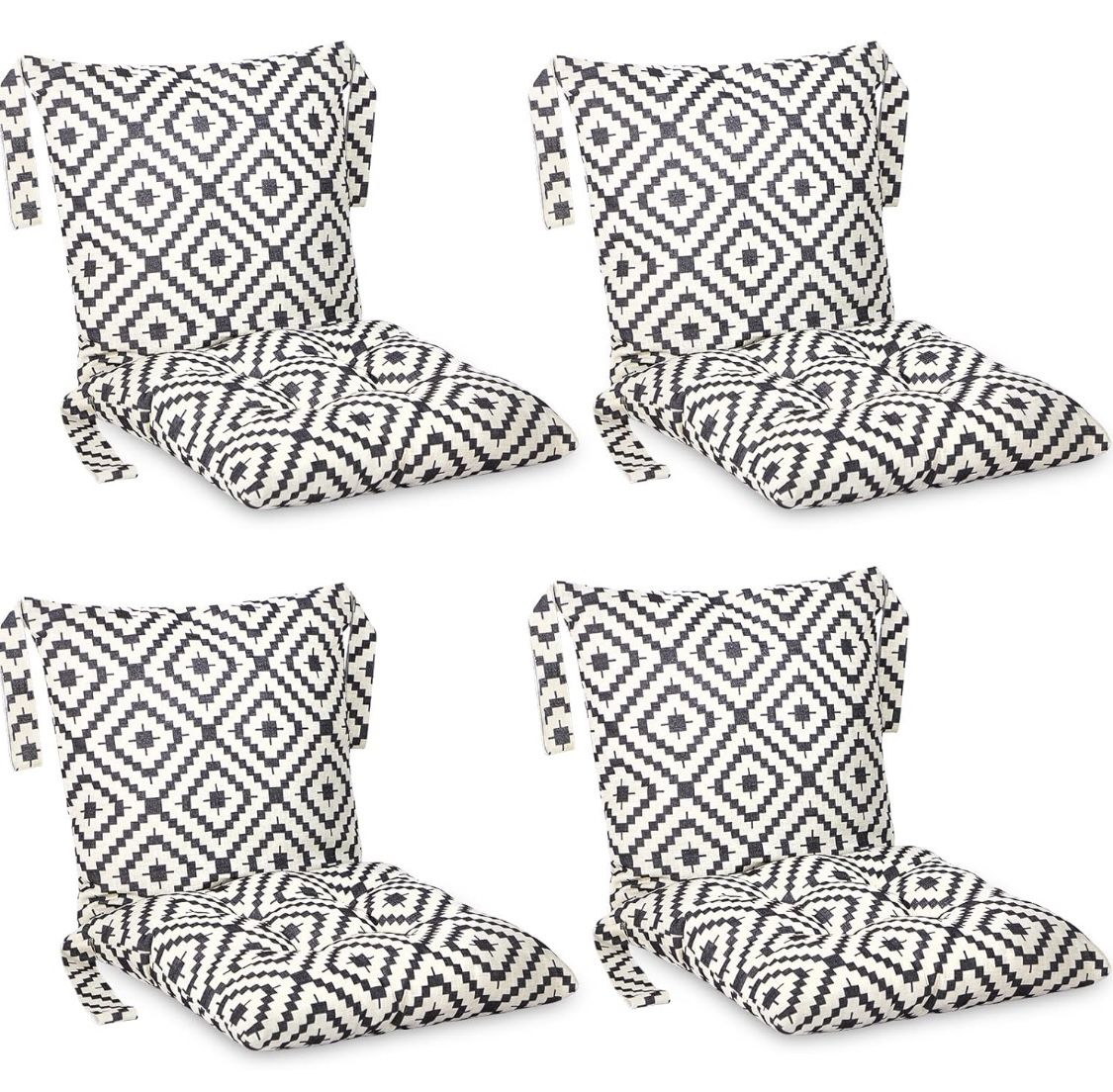 4 Pes Decrotive Outdoor Patio Chair Cushions with Back with Tie Buffalo Plaid - Black and White Grid