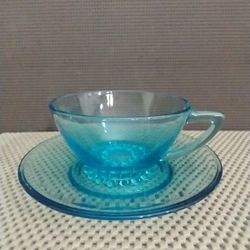 Vintage Capri Hobnail Circle, Hazel Atlas, Azure Blue Coffee Cup and Saucer