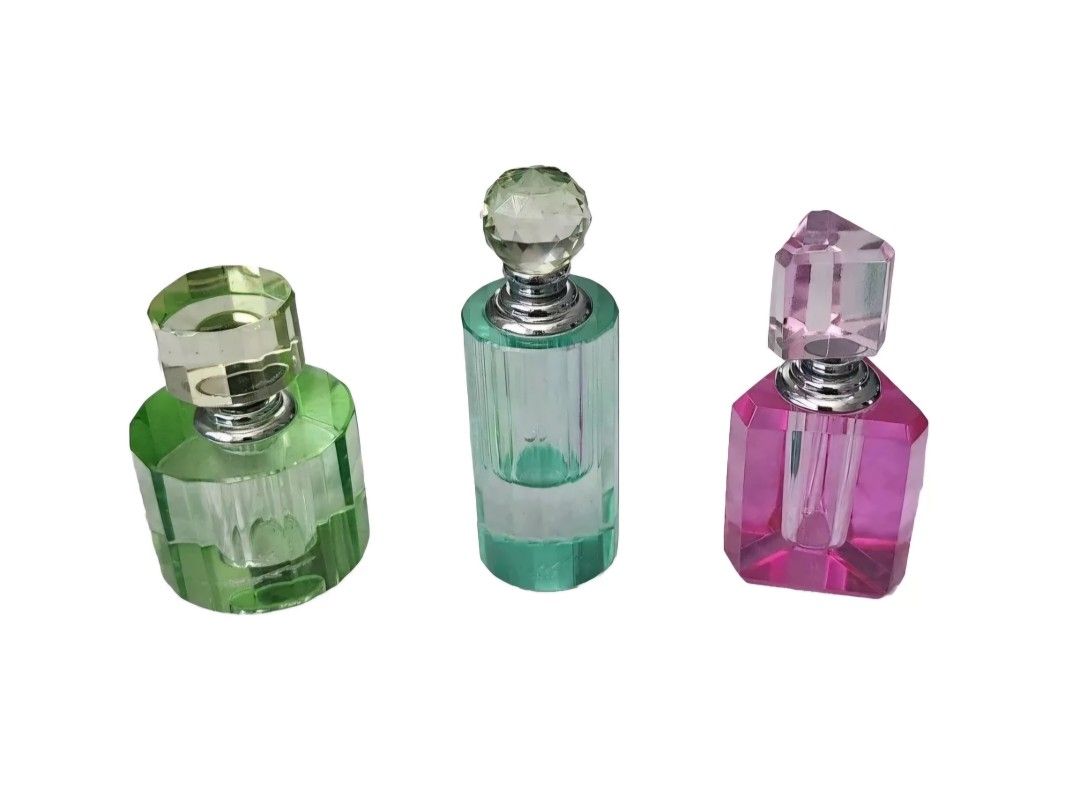 Oleg Cassini Crystal Perfume Prism Bottle with Stopper Signed Lot Pink Green