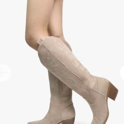VBDB Cowboy Boots for Women Knee High Boots Pointy Toe Suede Boots with Embroidered Chunky Heel Western Cowgirl Boots 7.5