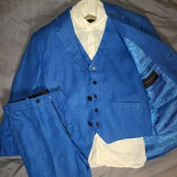 Custom Italian Electric Blue Linen Wedding Suit + Shirt (Worn Once) – Size M/L – $220