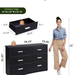 😀 Wood Dresser for Bedroom, Black 53'' Wide Chest of Drawers with 6 Drawer, Oak Furniture Large Storage Tower Unit, Closet Store Organizer