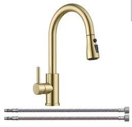 Forious Single Handle Pull Down Sprayer Kitchen Faucet High-Arc Kitchen Sink Faucet with Deck Plate in Brushed Gold