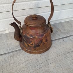 Vintage Copper Brass Tea Kettle Pot w/Lid Spout Made In Turkey Rustic Farmhouse