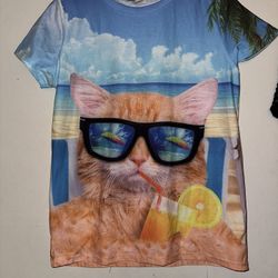 Ginger Cat on beach vacation with orange juice t shirt large