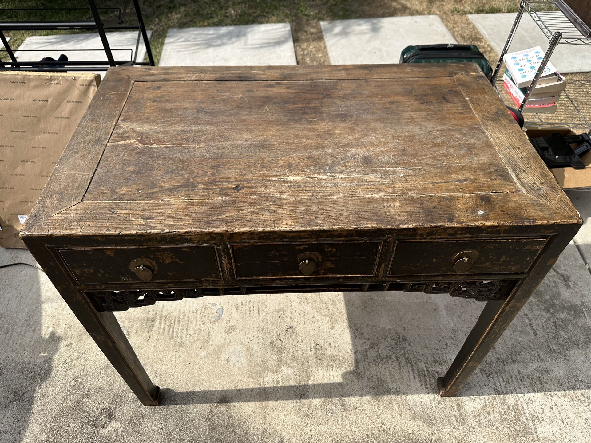 Brown antique desk. Purchased at Mathis Brothers & had been in storage. Rustic, vintage look
