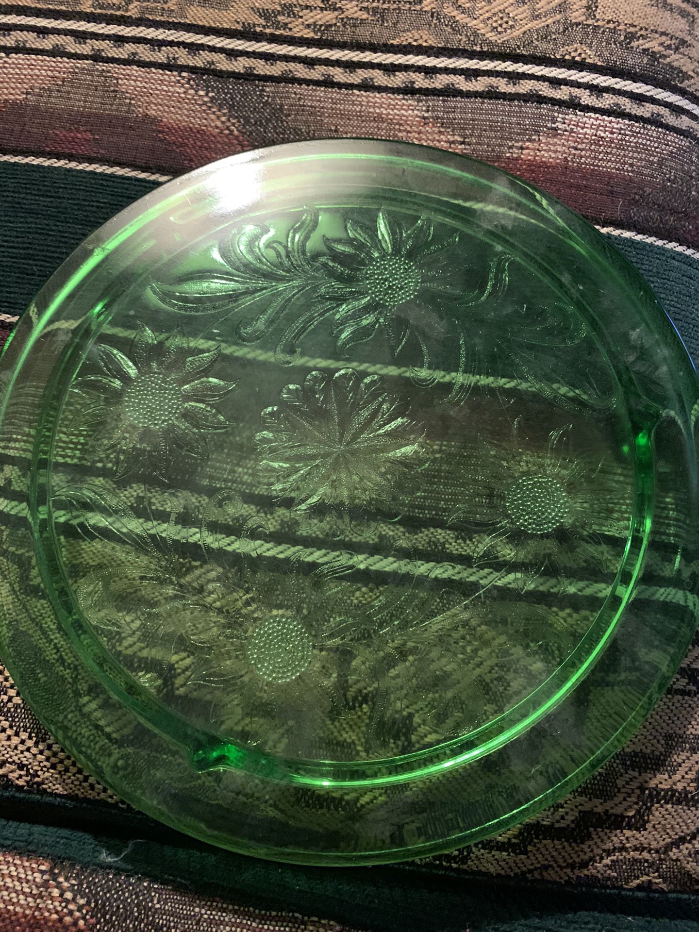 Green glass cake plate