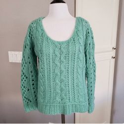 Free People Cable Knit Oversized Aqua Blue Green Crop Sweater Size Small