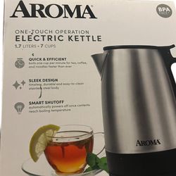 Aroma 1.7L Stainless Steel Electric Kettle — Brand new in box. Sleek stainless body, rapid boil (about 1 cup/min), auto shutoff, BPA-free. Perfect for