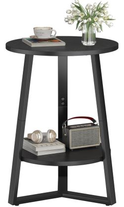 Small Round End Table, 2 Tier Side Table with Storage Shlef,Coffee Table Wooden Tabletop & Metal Frame,Round Accent Table Small Nightstands Couch Tabl