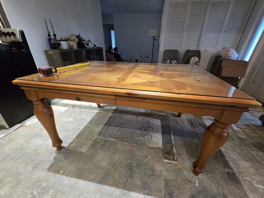 Solid Wood Dining Table with Glass Top Protection