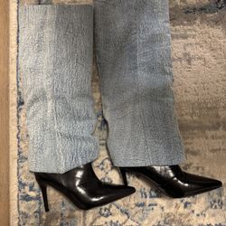 High Heels Pointed Toe Stiletto Knee Boots Fold Over Denim Pumps 