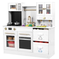 Play Kitchen for Kids, Wooden Pretend Toy Kitchen, Large Toodler Cooking Playset w/Cookware, Stove w/Light & Sound, Fabric Boxs, Disinfection Locker, 