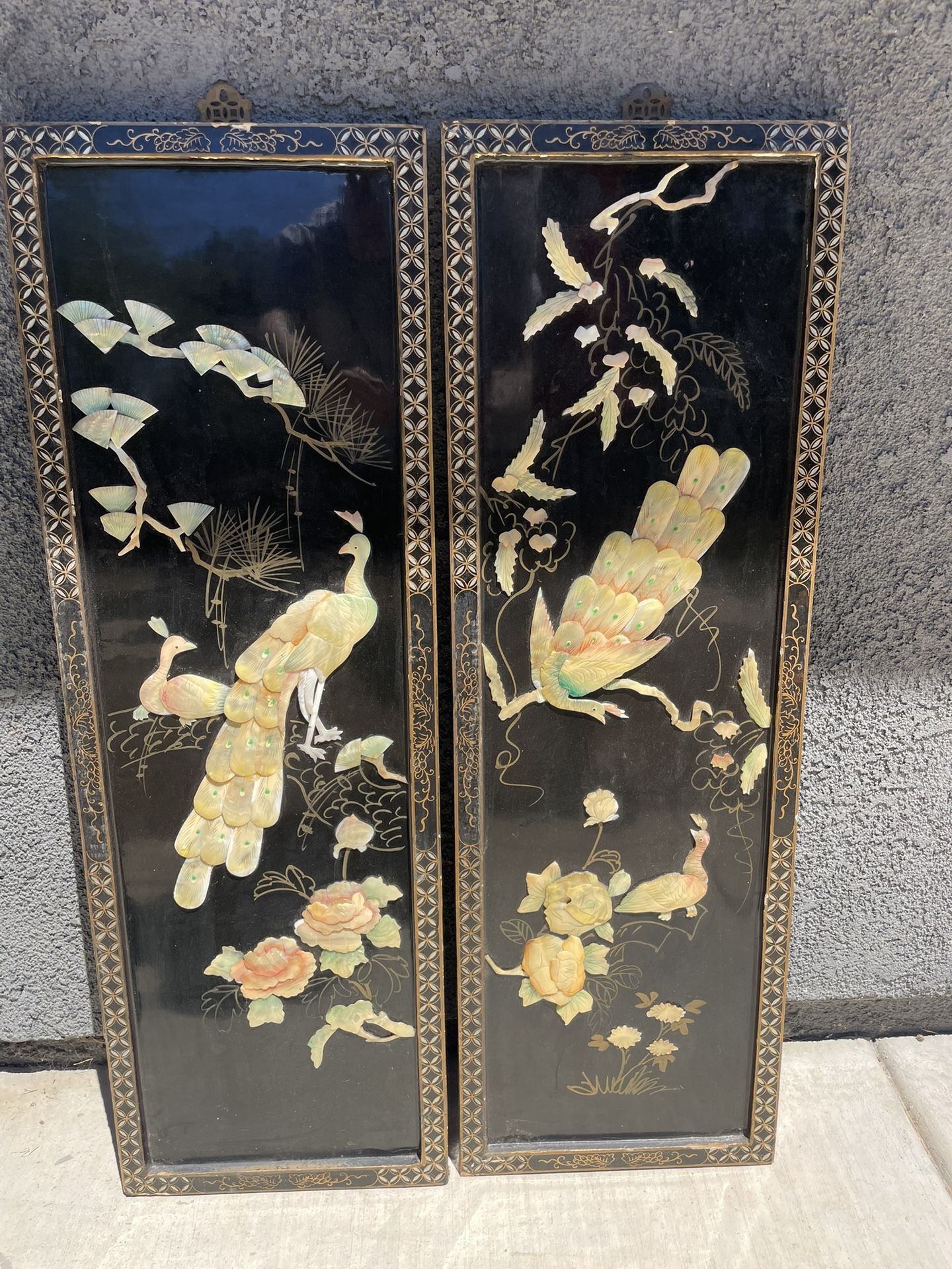 Pair Of 2 Antique Vintage Asian Panels 3’ X 1’