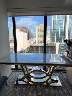 Marble Top Dining Table Gold Base and chairs