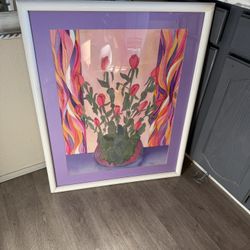 One Of A Kind Vintage 90s Floral Watercolor Handpainted Art 35”x27” Purple Pink White Orange 