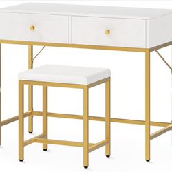 SUPERJARE 35.4" White And Gold Desk With 2 Drawers, Modern Makeup Vanity Desk With Padded Stool, Small Computer Desk Home Office Desk For Writing Stud